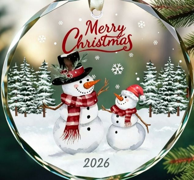 Ornement de Noël en cristal - bonhommes de neige 2026 sur sapin
