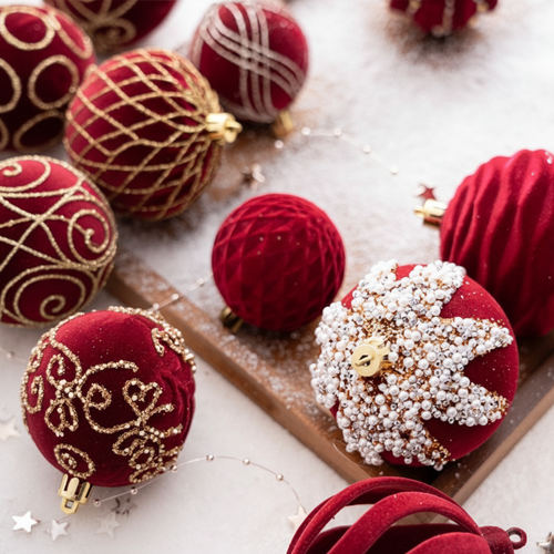 Boules de Noël rouge velouté – détail motifs dorés