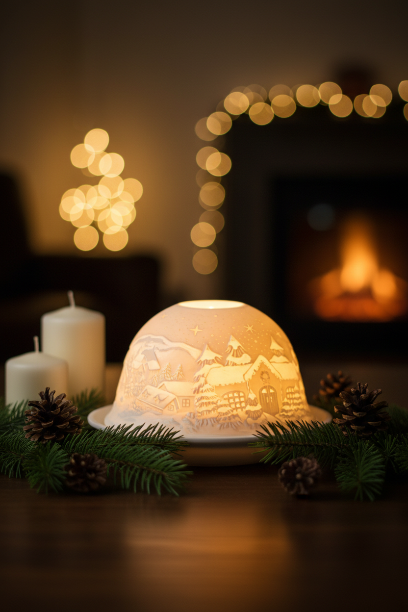 Dôme lumineux de Noël en porcelaine sculptée dans un décor cosy de Noël