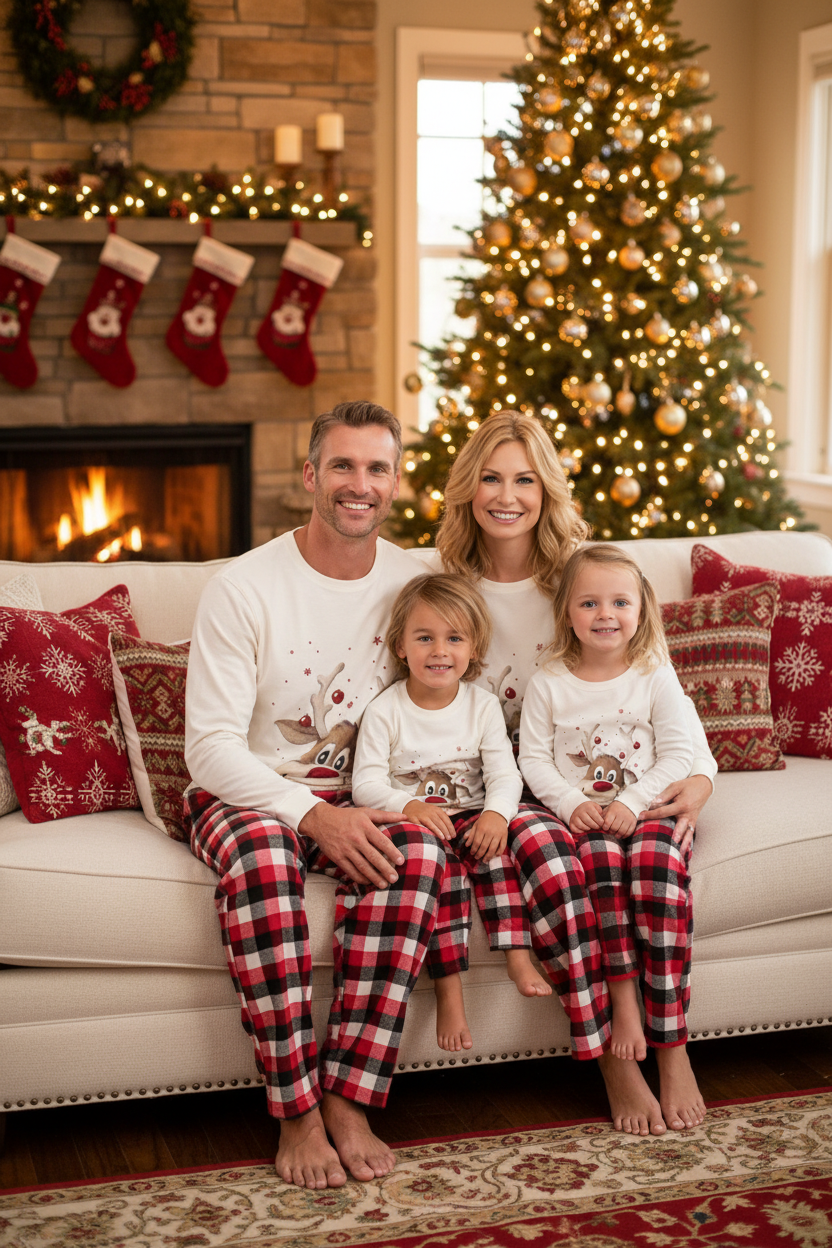 Famille en pyjamas de Noël assortis sur canapé cosy avec sapin et cheminée