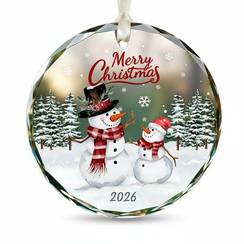 Ornement de Noël en cristal rond - bonhommes de neige Merry Christmas 2026 - fond blanc