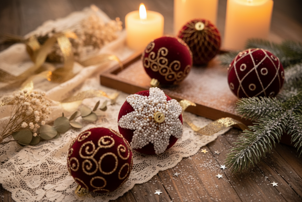 Boules de Noël rouge velouté – ambiance Noël d'antan