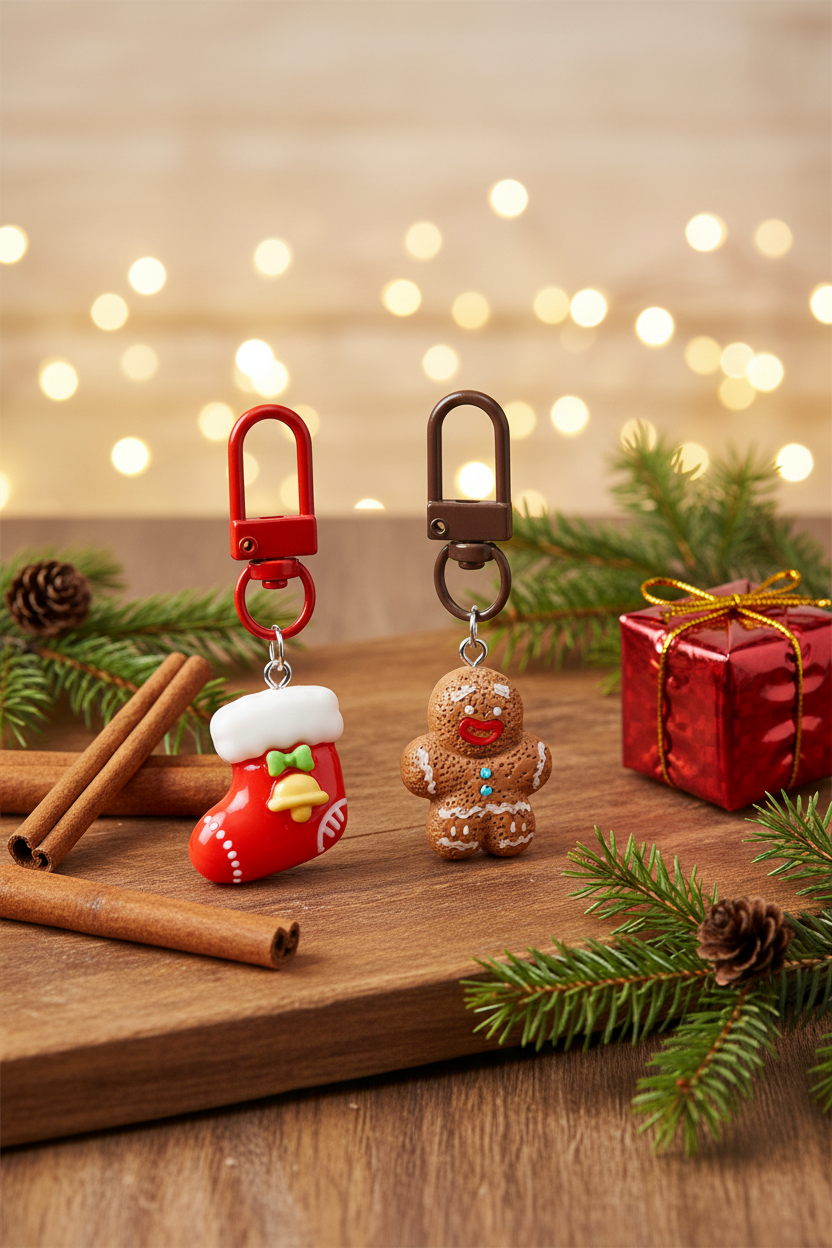 Lot de 2 porte-clés de Noël kawaii sur table en bois avec décor cosy de Noël